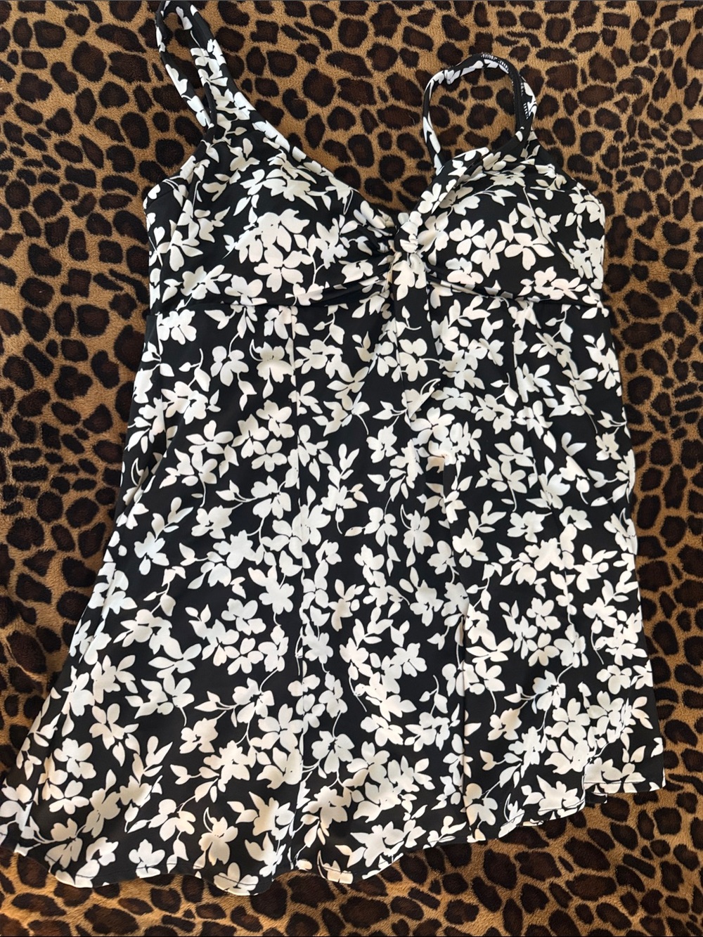 Black & White Floral One-Piece Swimdress with Adjustable Straps